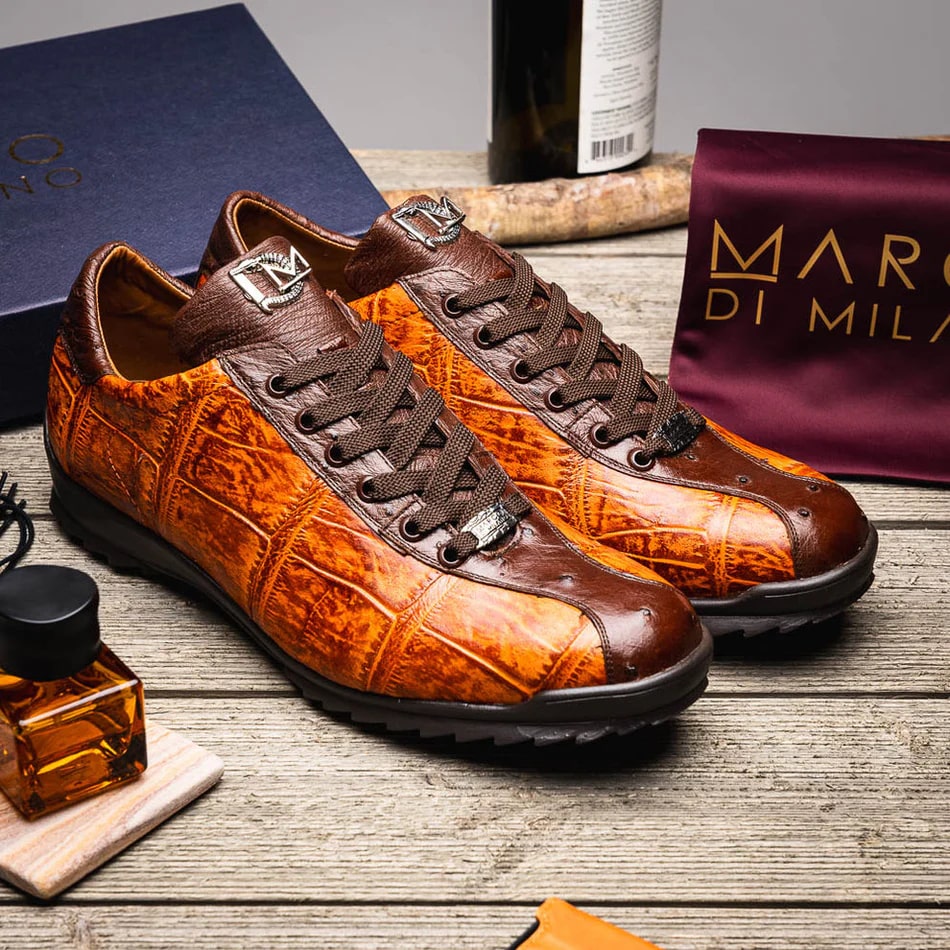 Marco Di Milano Saulo Men's Shoes Brandy & Brown Exotic Ostich / Alligator Casual Sneakers - Image 2
