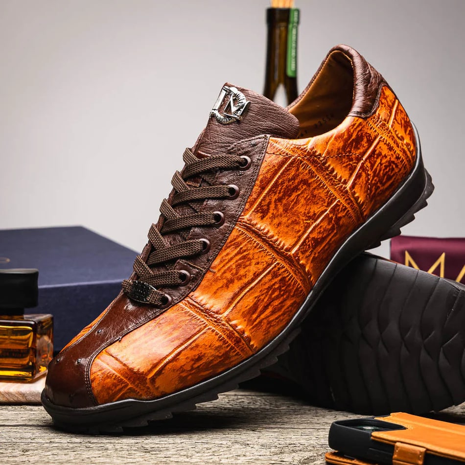 Marco Di Milano Saulo Men's Shoes Brandy & Brown Exotic Ostich / Alligator Casual Sneakers - Image 4