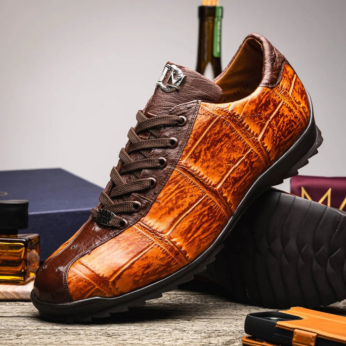 Marco Di Milano Saulo Men's Shoes Brandy & Brown Exotic Ostich / Alligator Casual Sneakers - Image 4