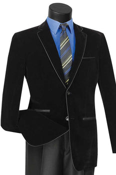 Mens Black Blazer - Men's 2 Button Velvet Blazer in Black with Black leather Piping Trim