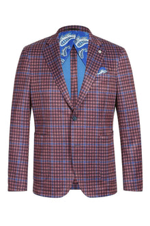 Saco vaquero - Western Sport Coat - Western Blazer - Mens Two Button Slim Fit Unconstructed Summer Cotton Blazer In Burgundy & Blue Windowpane Plaid