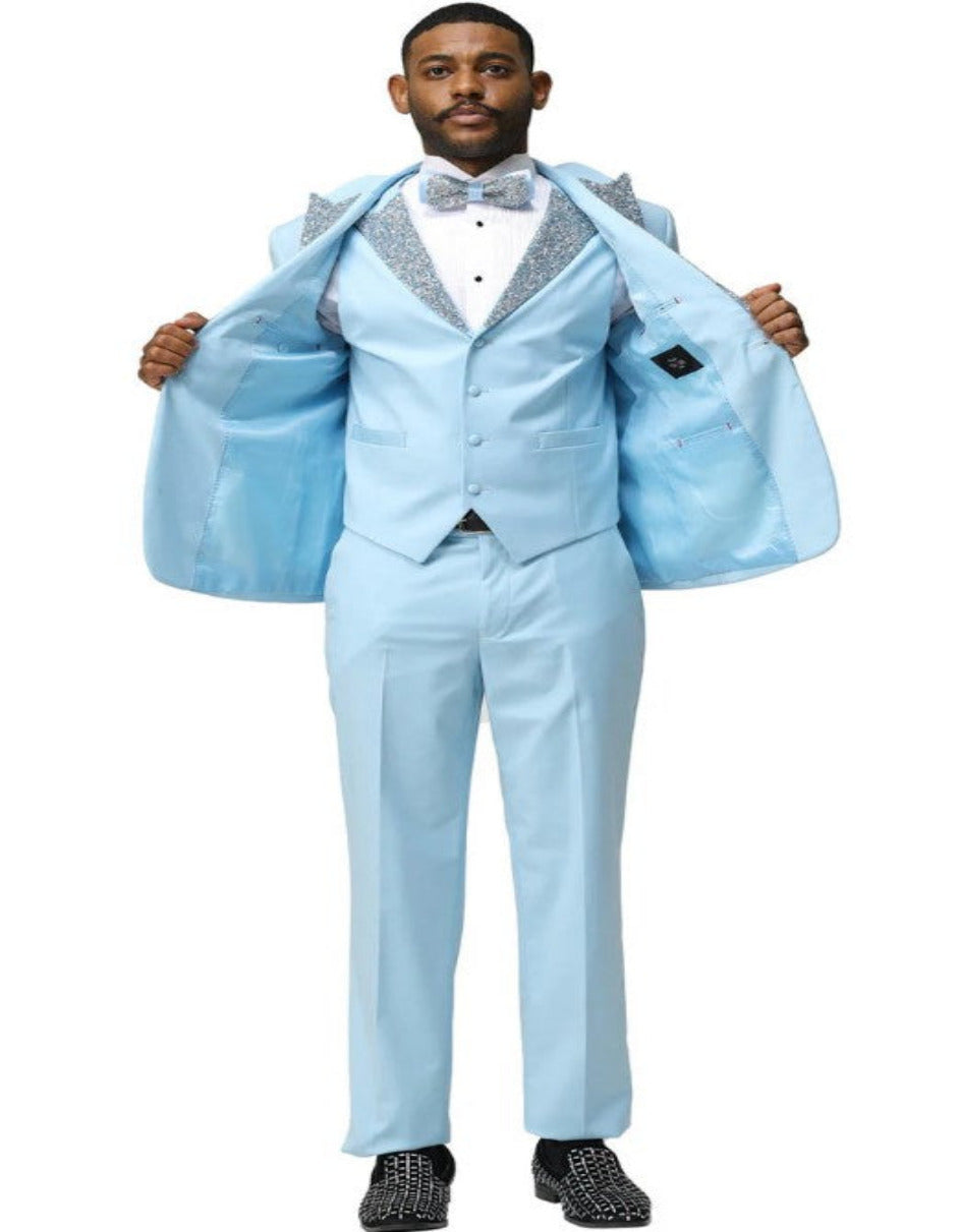 Baby Blue Prom Tuxedo - Perfect Wedding Suit Vested rhinestone sequin Lapelled - Image 2