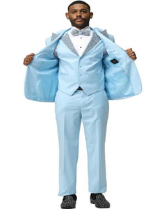 Baby Blue Prom Tuxedo - Perfect Wedding Suit Vested rhinestone Lapelled