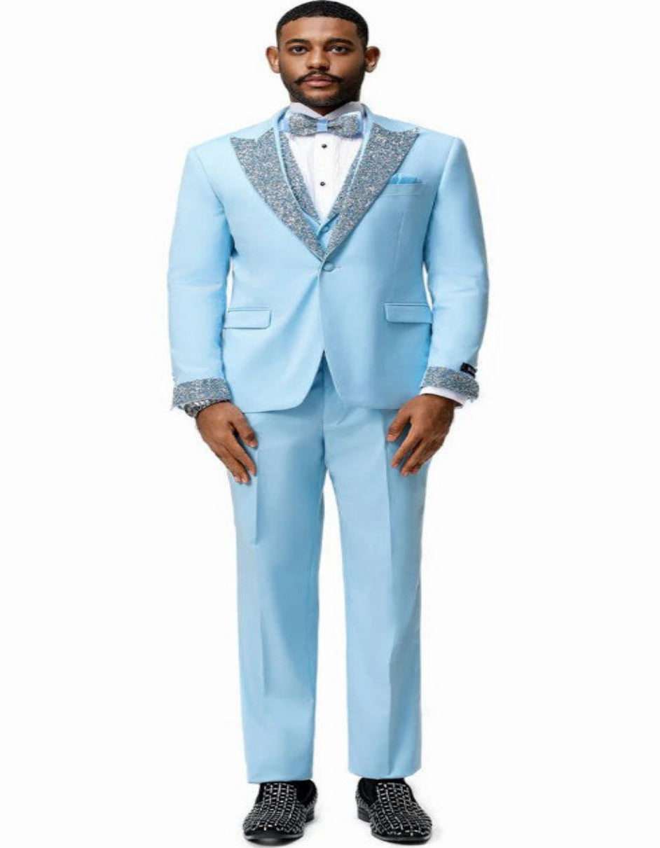 Baby Blue Prom Tuxedo - Perfect Wedding Suit Vested rhinestone sequin Lapelled - Image 3