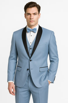 Sky Blue Tuxedo with Black Shawl Lapel Slim Fit Prom and Wedding Suit in Baby Blue Color - Light Blue