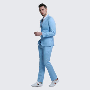 Baby Blue Linen Suit Slim Fit Two Piece Set - Wedding - Prom - Image 3