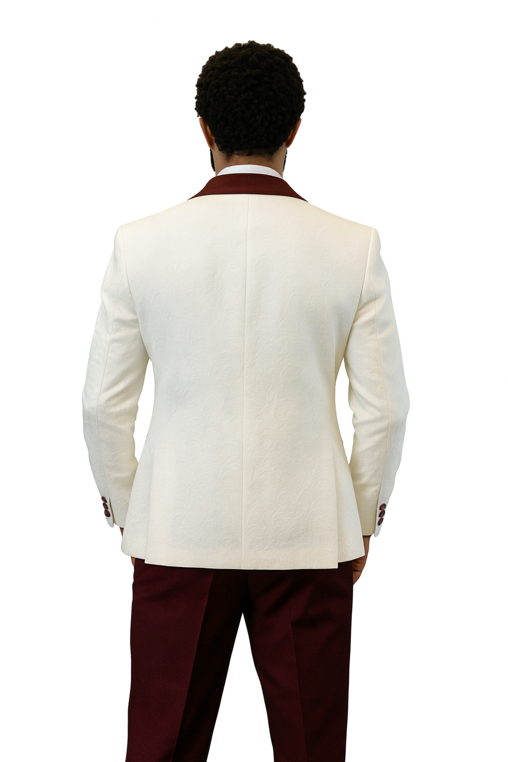 Hilton White and Burgundy Paisley Peak Lapel Tuxedo Jacket with Matching Shawl Vest and Wool Pants – Includes Bow Tie - Image 7