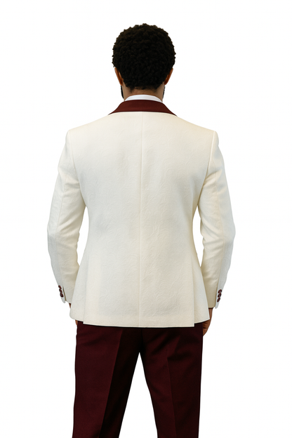 Hilton White and Burgundy Paisley Peak Lapel Tuxedo Jacket with Matching Shawl Vest and Wool Pants – Includes Bow Tie - Image 7