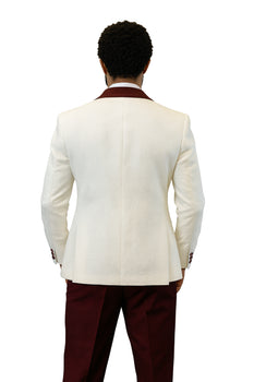 Hilton White and Burgundy Paisley Peak Lapel Tuxedo Jacket with Matching Shawl Vest and Wool Pants – Includes Bow Tie - Image 7