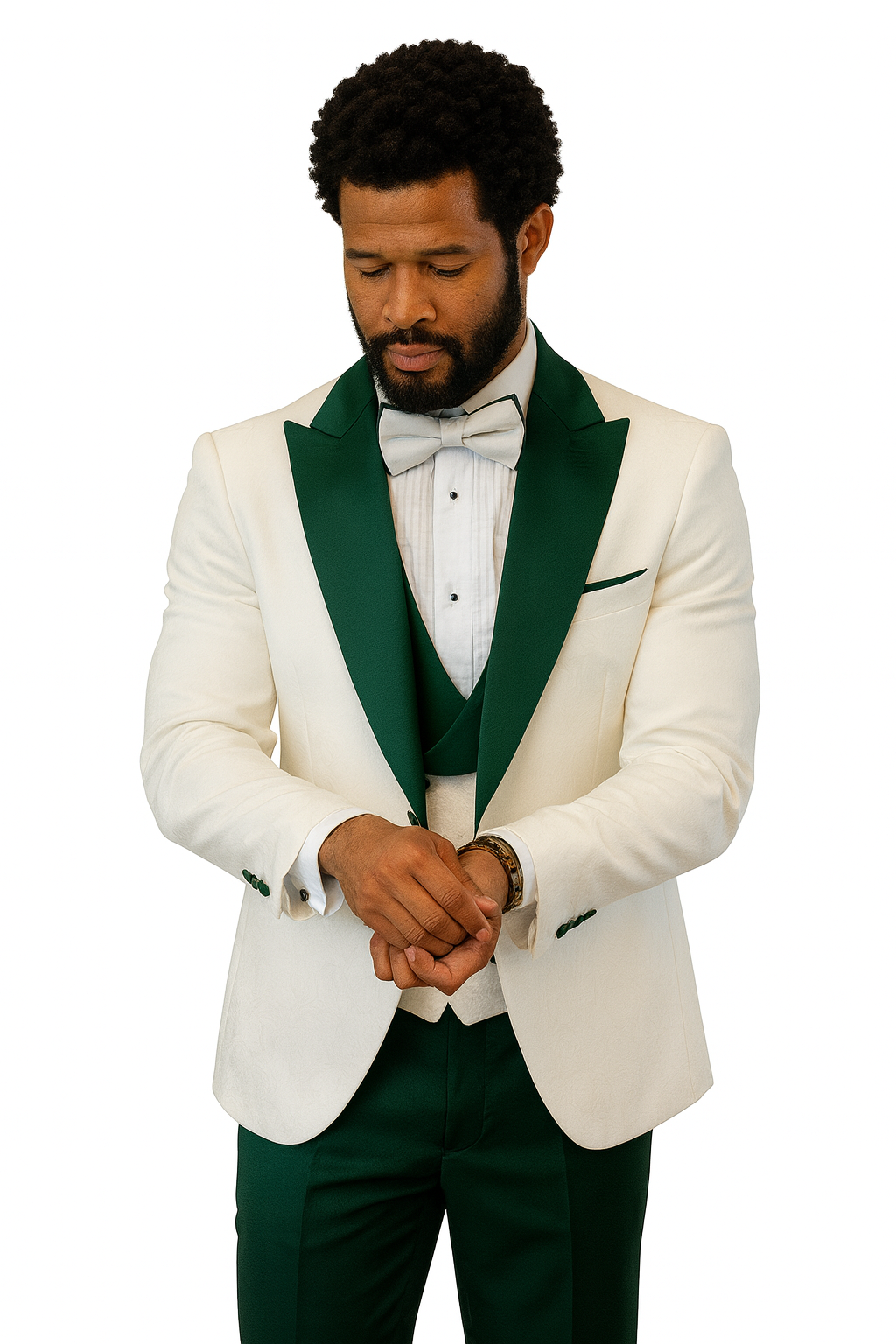 Hilton White and Hunter Green Paisley Peak Lapel Tuxedo Jacket with Matching Shawl Vest and Wool Pants – Includes Bow Tie - Image 2