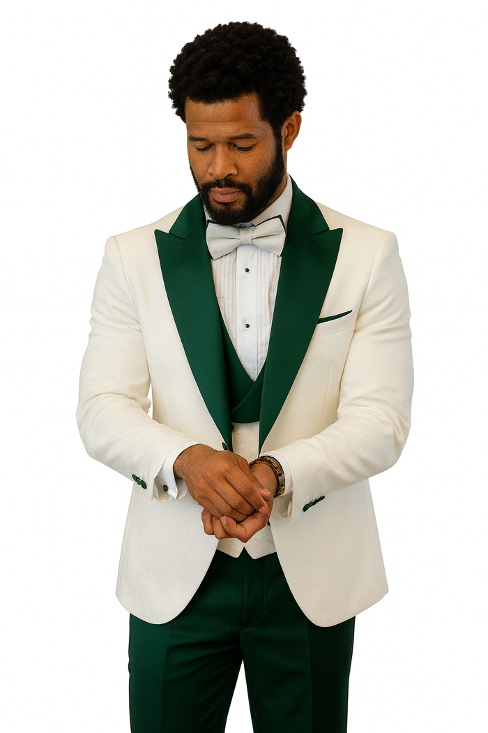 Hilton White and Hunter Green Paisley Peak Lapel Tuxedo Jacket with Matching Shawl Vest and Wool Pants – Includes Bow Tie - Image 2