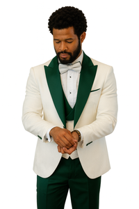 Hilton White and Hunter Green Paisley Peak Lapel Tuxedo Jacket with Matching Shawl Vest and Wool Pants – Includes Bow Tie