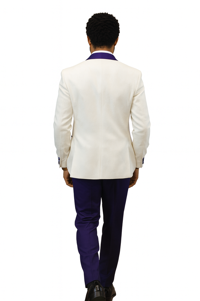 Hilton White and Purple Paisley Peak Lapel Tuxedo Jacket with Matching Shawl Vest and Wool Pants – Includes Bow Tie - Image 4