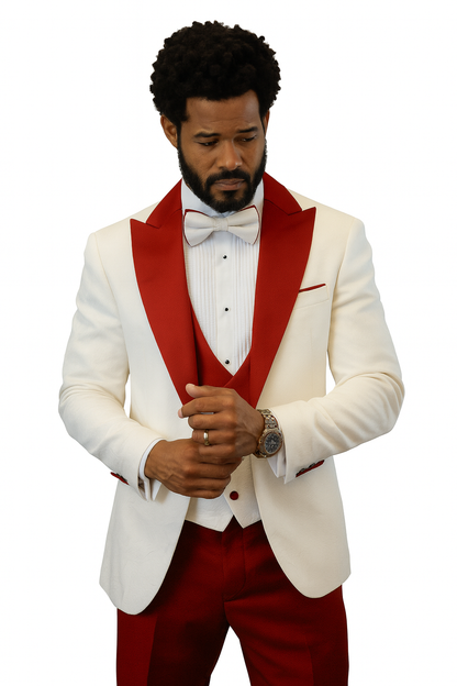 Hilton White and Red Paisley Peak Lapel Tuxedo Jacket with Matching Shawl Vest and Wool Pants – Includes Bow Tie - Image 7