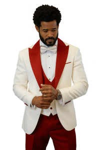 Hilton White and Red Paisley Peak Lapel Tuxedo Jacket with Matching Shawl Vest and Wool Pants – Includes Bow Tie