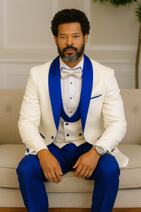 Hilton White and Royal Blue Paisley Peak Lapel Tuxedo Jacket with Matching Shawl Vest and Wool Pants – Includes Bow Tie