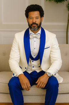 Hilton White and Royal Blue Paisley Peak Lapel Tuxedo Jacket with Matching Shawl Vest and Wool Pants – Includes Bow Tie - Image 8