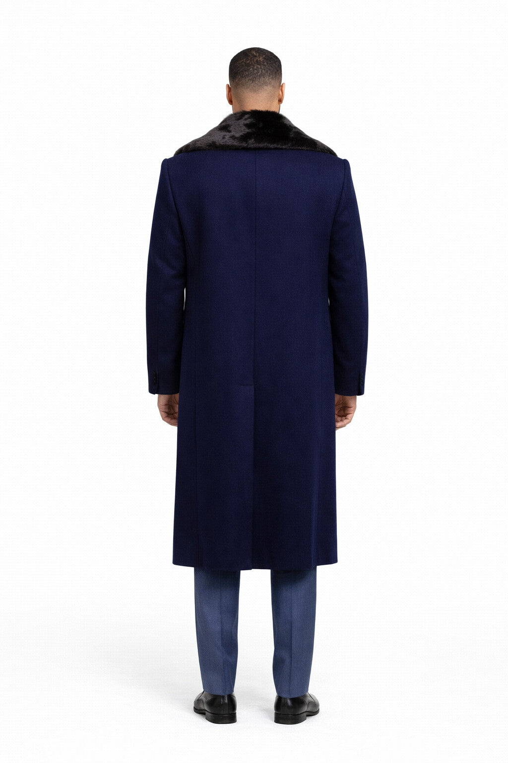 Dark Navy Blue Overcoat ~ Long Men's Dress Topcoat -  Winter coat With Fur Collar in and Fabric - Image 8