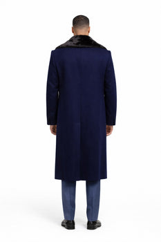 Dark Navy Blue Overcoat ~ Long Men's Dress Topcoat -  Winter coat With Fur Collar in and Fabric - Image 8
