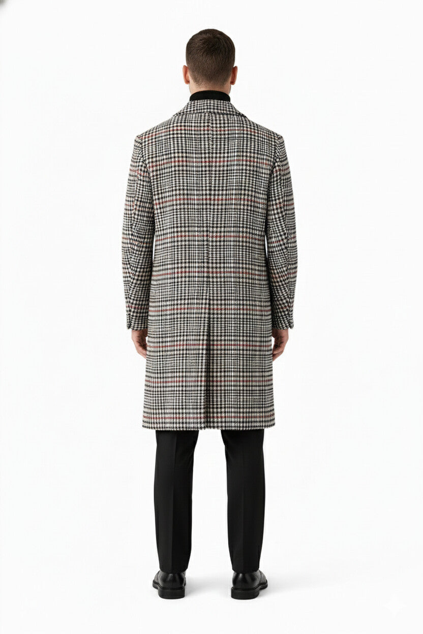 Men's Houndstooth Six Button Front Double Breasted Wool Overcoat - Image 7