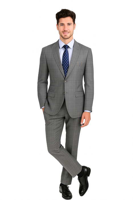 Catania Collection - Modern Fit Windowpane Suit 2 Piece in Medium Gray