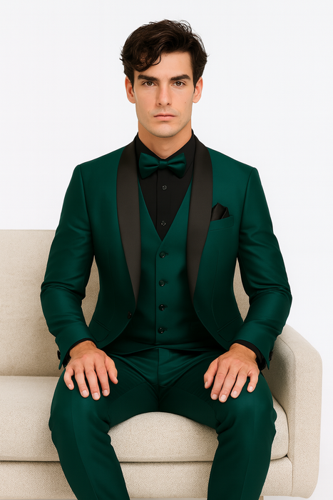 Mens Emerald Green Tuxedo with Black Satin Shawl Lapel – 3 Piece Formal Suit with Vest