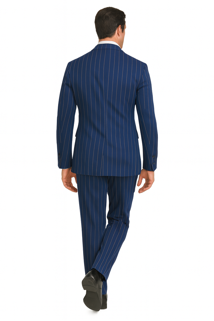 Men's Bold Gangster 1920s Vintage Navy Blue ~ White Gangster Bold Stripe 2 Buttons Vested Dress Suit for Men - Image 9