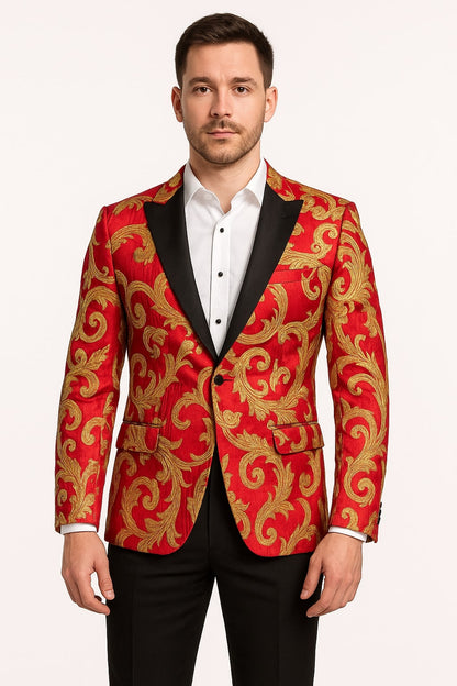Men's Red and Gold Baroque Tuxedo Jacket with Black Satin Shawl Lapel - Image 2