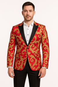 Men's Red and Gold Baroque Tuxedo Jacket with Black Satin Shawl Lapel