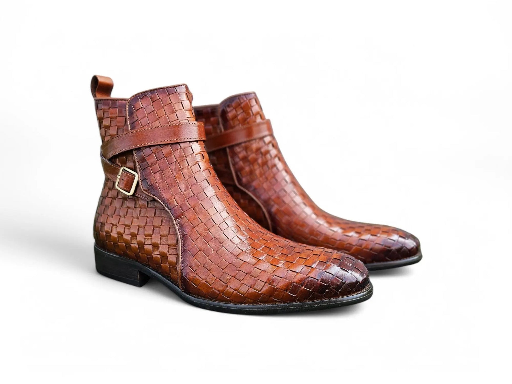 Carrucci Basket Weave Calfskin Buckle Boot - Luxury Brown Leather