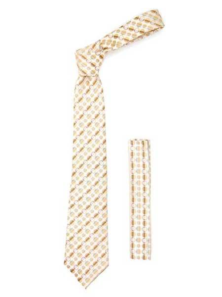 Polkadot Stripe Fashionable Necktie With Handkerchief Set Beige- Men's Neck Ties - Mens Dress Tie - Trendy Mens Ties