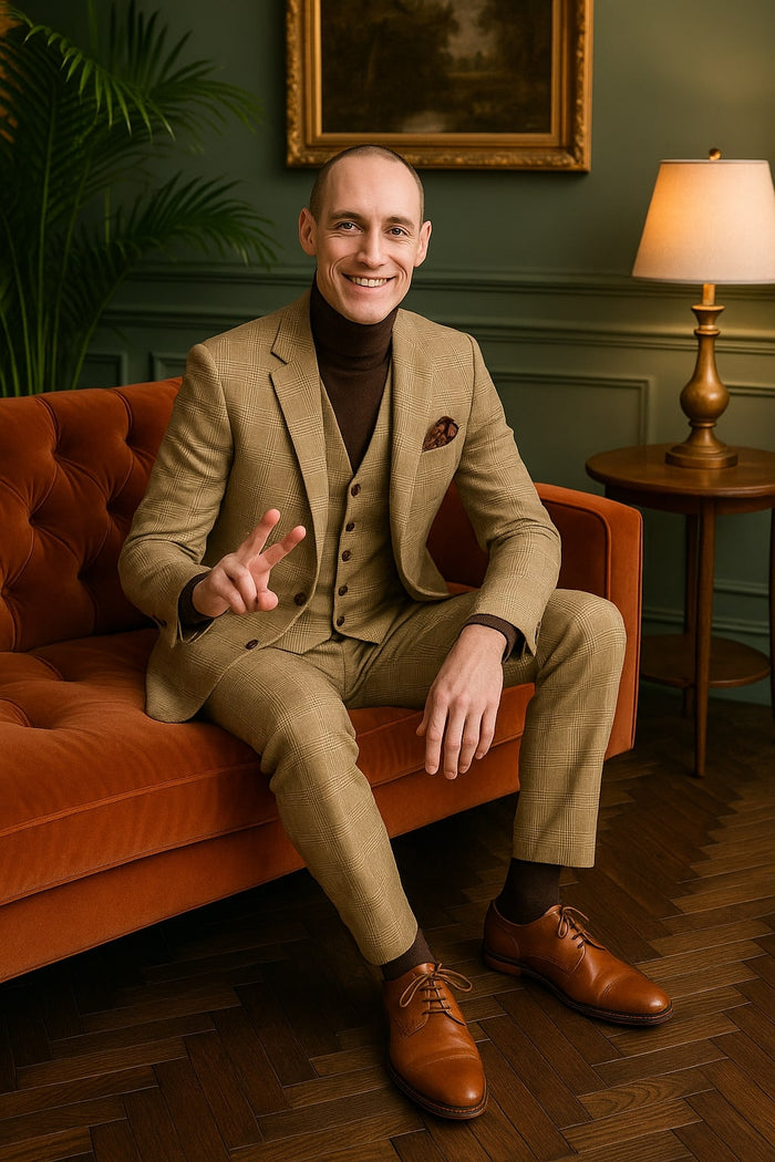 Mens Beige Plaid 3-Piece Suit – Classic Checkered Suit for Weddings, Church Vested Checkered Pattern - Image 4