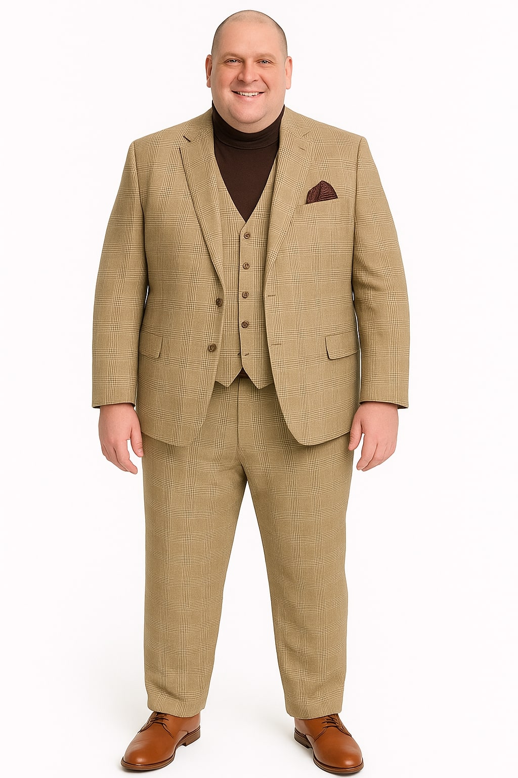 Mens Beige Plaid 3-Piece Suit – Classic Checkered Suit for Weddings, Church Vested Checkered Pattern - Image 3