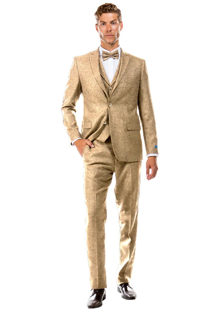 Cheap priced Suit - Men's Two Button Vested Vintage Style Tweed Wedding Beige Suit - Image 2