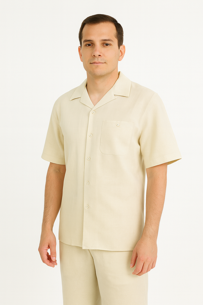 Two Piece Men's Big Size Natural Beige Linen Short Sleeve Casual Casual Two Piece Mens Walking Outfit For Sale Pant Sets Suit