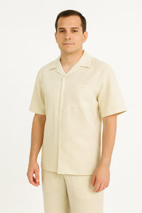 Two Piece Men's Big Size Natural Beige Linen Short Sleeve Casual Casual Two Piece Mens Walking Outfit For Sale Pant Sets Suit