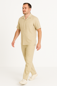 Two Piece Men's Big Size Natural Beige Linen Short Sleeve Casual Casual Two Piece Mens Walking Outfit For Sale Pant Sets Suit