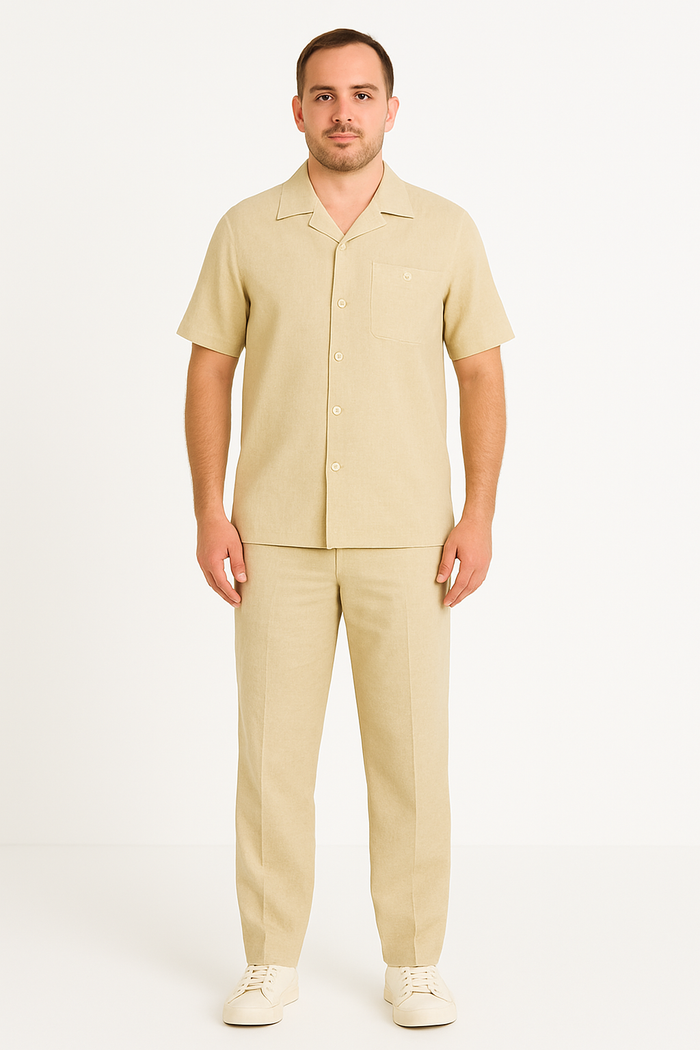 Two Piece Men's Big Size Natural Beige Linen Short Sleeve Casual Casual Two Piece Mens Walking Outfit For Sale Pant Sets Suit