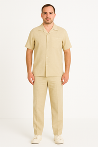 Two Piece Men's Big Size Natural Beige Linen Short Sleeve Casual Casual Two Piece Mens Walking Outfit For Sale Pant Sets Suit