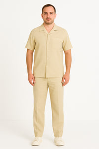 Two Piece Men's Big Size Natural Beige Linen Short Sleeve Casual Casual Two Piece Mens Walking Outfit For Sale Pant Sets Suit