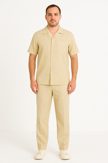 Two Piece Men's Big Size Natural Beige Linen Short Sleeve Casual Casual Two Piece Mens Walking Outfit For Sale Pant Sets Suit