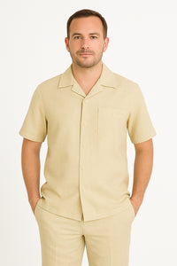 Two Piece Men's Big Size Natural Beige Linen Short Sleeve Casual Casual Two Piece Mens Walking Outfit For Sale Pant Sets Suit