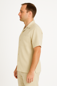 Two Piece Men's Big Size Natural Beige Linen Short Sleeve Casual Casual Two Piece Mens Walking Outfit For Sale Pant Sets Suit