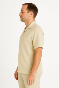 Two Piece Men's Big Size Natural Beige Linen Short Sleeve Casual Casual Two Piece Mens Walking Outfit For Sale Pant Sets Suit