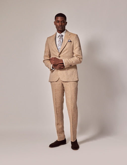 Mens Linen Suit For Beach Wedding - Summer Suit in Beige Herringbone