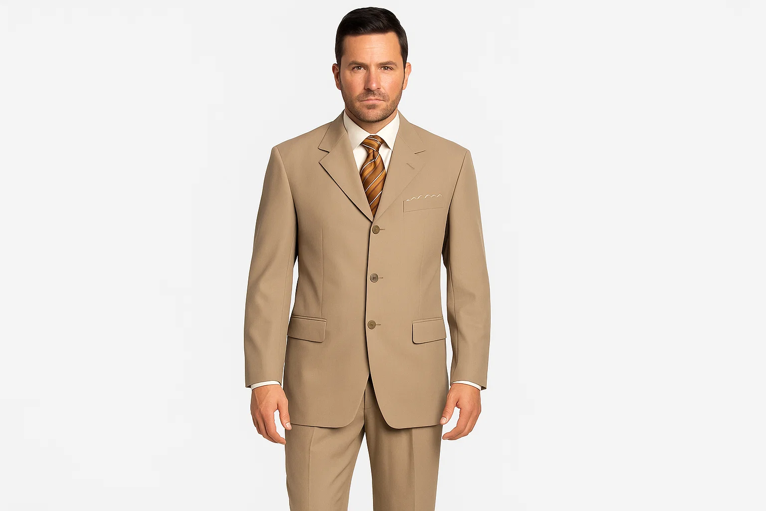 Available In 2 Or 3 Buttons Style Regular Classic Cut Dark Conservative Business Tan ~ Beige Double Vent Real Cheap Priced Business Suits Clearance Sale 100% Worsted Wool Higher Quality Side Vent - Image 2