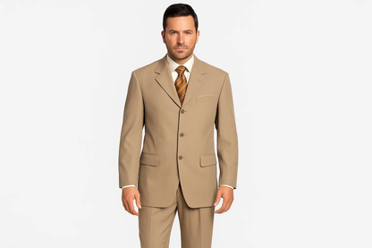 Available In 2 Or 3 Buttons Style Regular Classic Cut Dark Conservative Business Tan ~ Beige Double Vent Real Cheap Priced Business Suits Clearance Sale 100% Worsted Wool Higher Quality Side Vent - Image 2