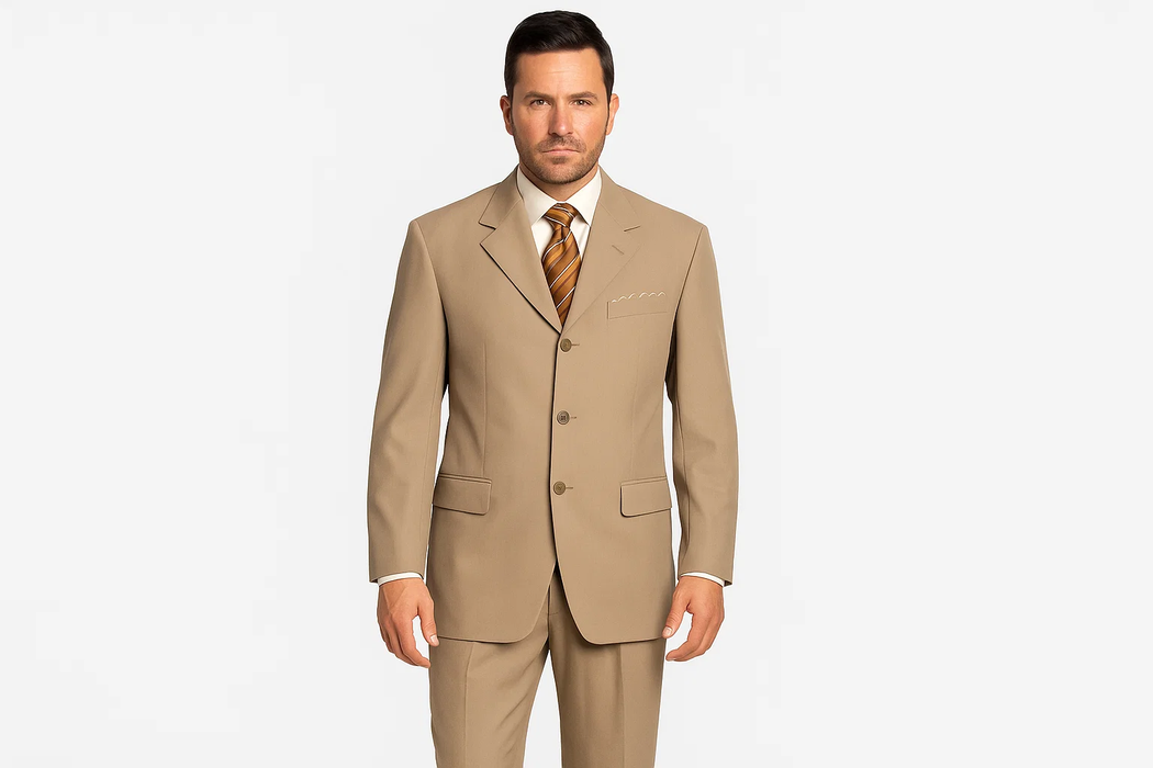 Available In 2 Or 3 Buttons Style Regular Classic Cut Dark Conservative Business Tan ~ Beige Double Vent Real Cheap Priced Business Suits Clearance Sale 100% Worsted Wool Higher Quality Side Vent