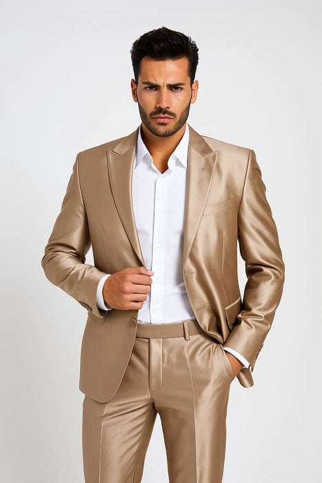 Beige Men's Classic Fit 2 Button  Suit