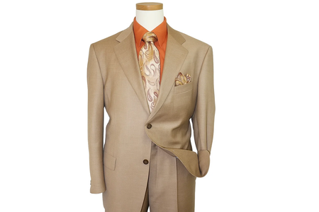 Men's Two Button Dark Tan ~ Beige Texture Sharkskin Coffee Cheap Priced Business Suits Clearance Sale